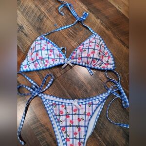 Nwot Size L Blue and White Checkered Bikini